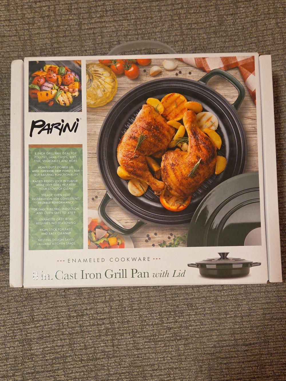 Green 8-in Cast Iron Grill Pan with Lid - Enameled Cookware